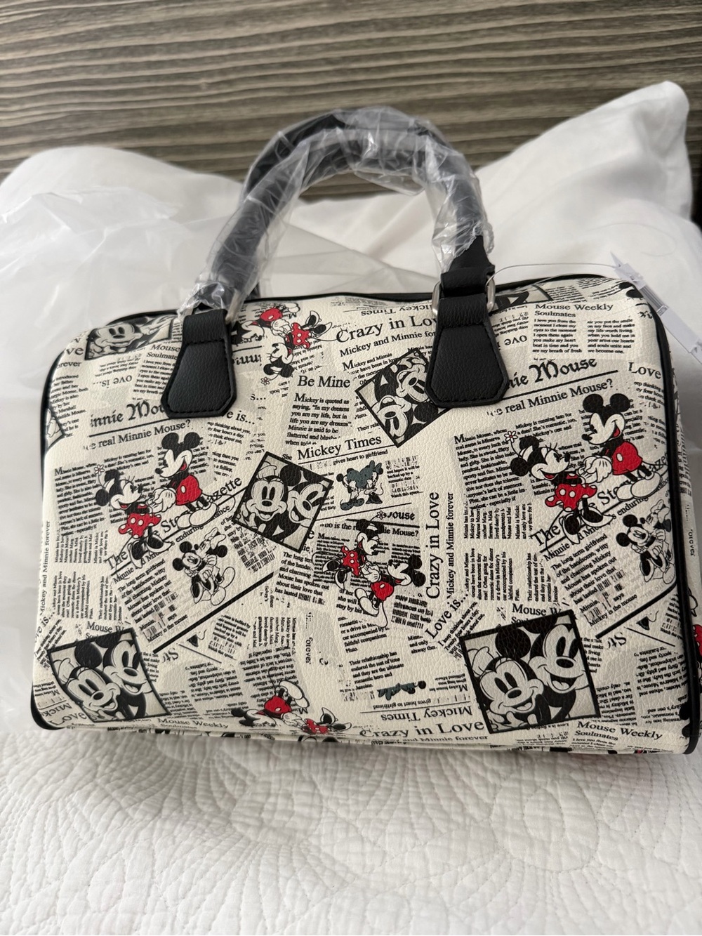 Disney Newspaper Print Minnie & Mickey Satchel - Black/Red